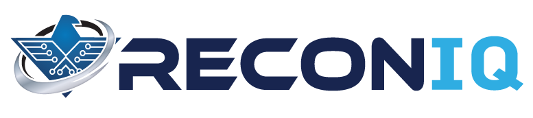 the logo for recon IQ is blue and white with a technology infused bird