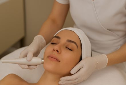 Professional aesthetician performing a SALMON DNA Facial on a relaxed woman at Yunik Aesthetics