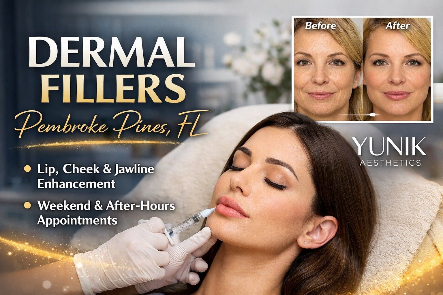 Dermal filler treatment at Yunik Aesthetics in Pembroke Pines, FL featuring lip enhancement, facial 