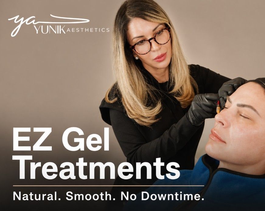 Aesthetic clinic ad showing a practitioner performing EZ Gel treatment on a relaxed client with text overlay.