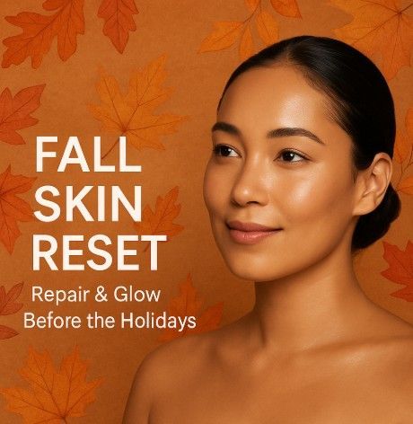 Woman with glowing skin, orange leaves, 