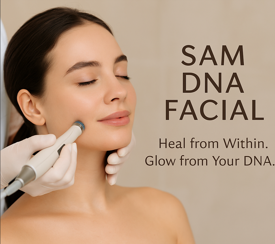 Professional aesthetician performing a SAM DNA Facial on a relaxed woman at Yunik Aesthetics in Pemb