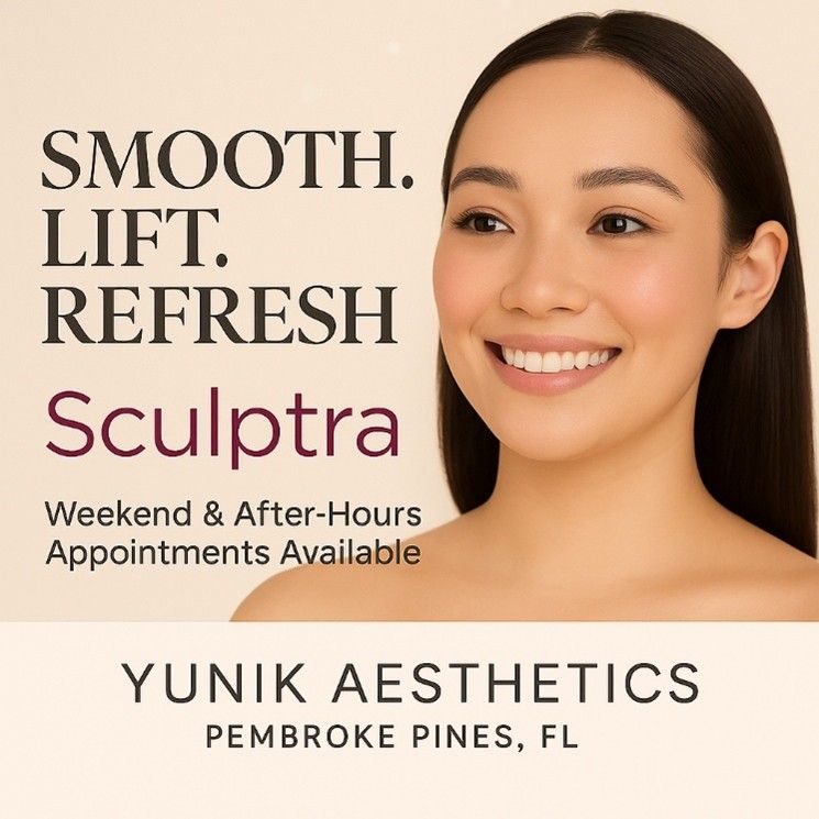 Smiling woman with glowing, smooth skin promoting Sculptra treatments at Yunik Aesthetics