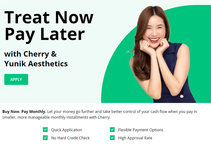 A woman is smiling on a website that says treat now pay later with cherry and yunik aesthetics.