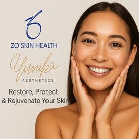 Woman holding face, smiling; ZO Skin Health logo, text: Restore, Protect & Rejuvenate Your Skin.