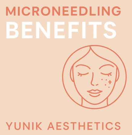 A picture of a woman 's face with the words microneedling benefits yunik aesthetics on it.