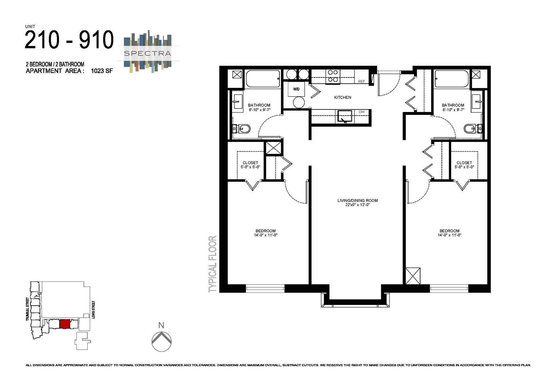 Floor plan for unit 210-910 with three bedrooms, a kitchen, and two bathrooms. Features include windows and labeled rooms.