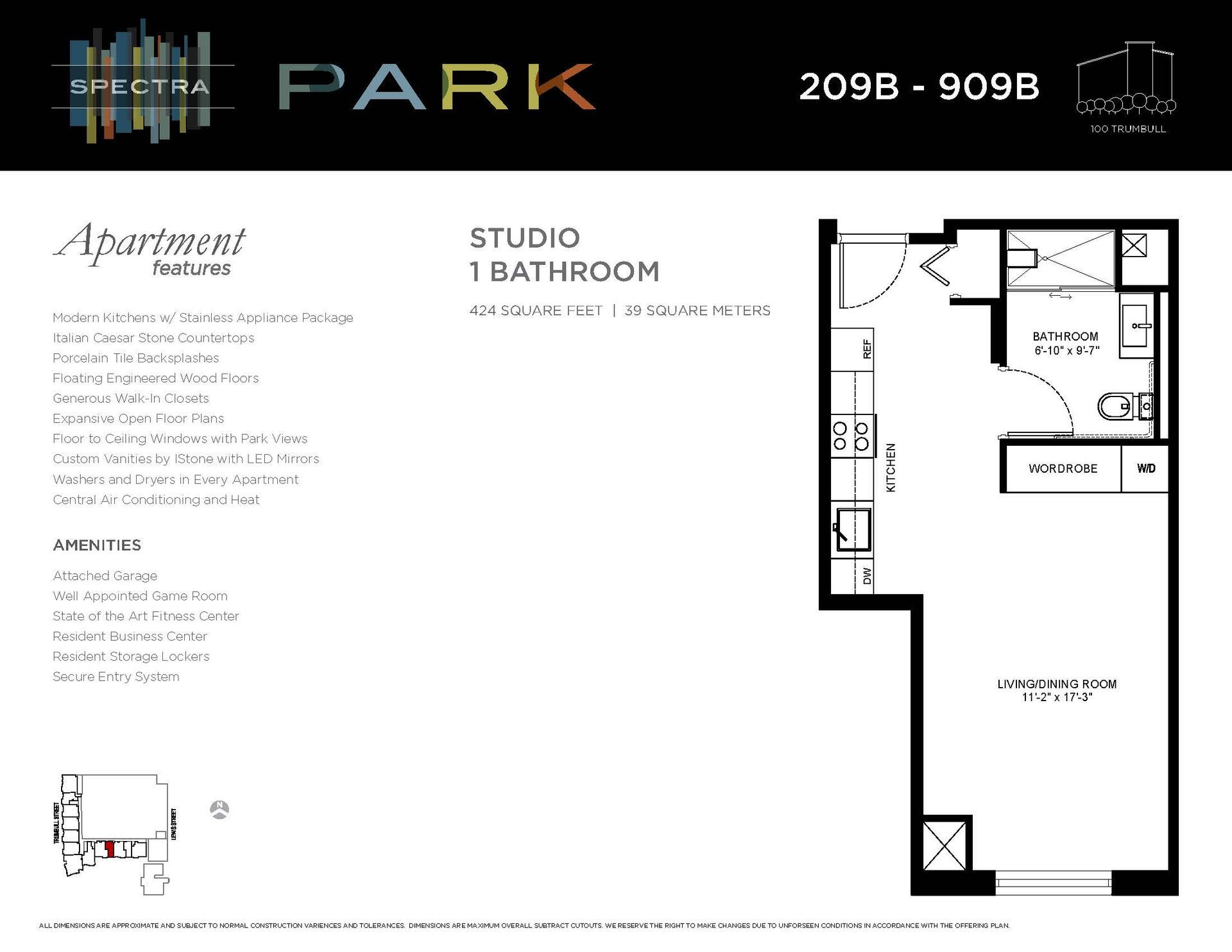 A floor plan of a studio apartment with a bathroom.