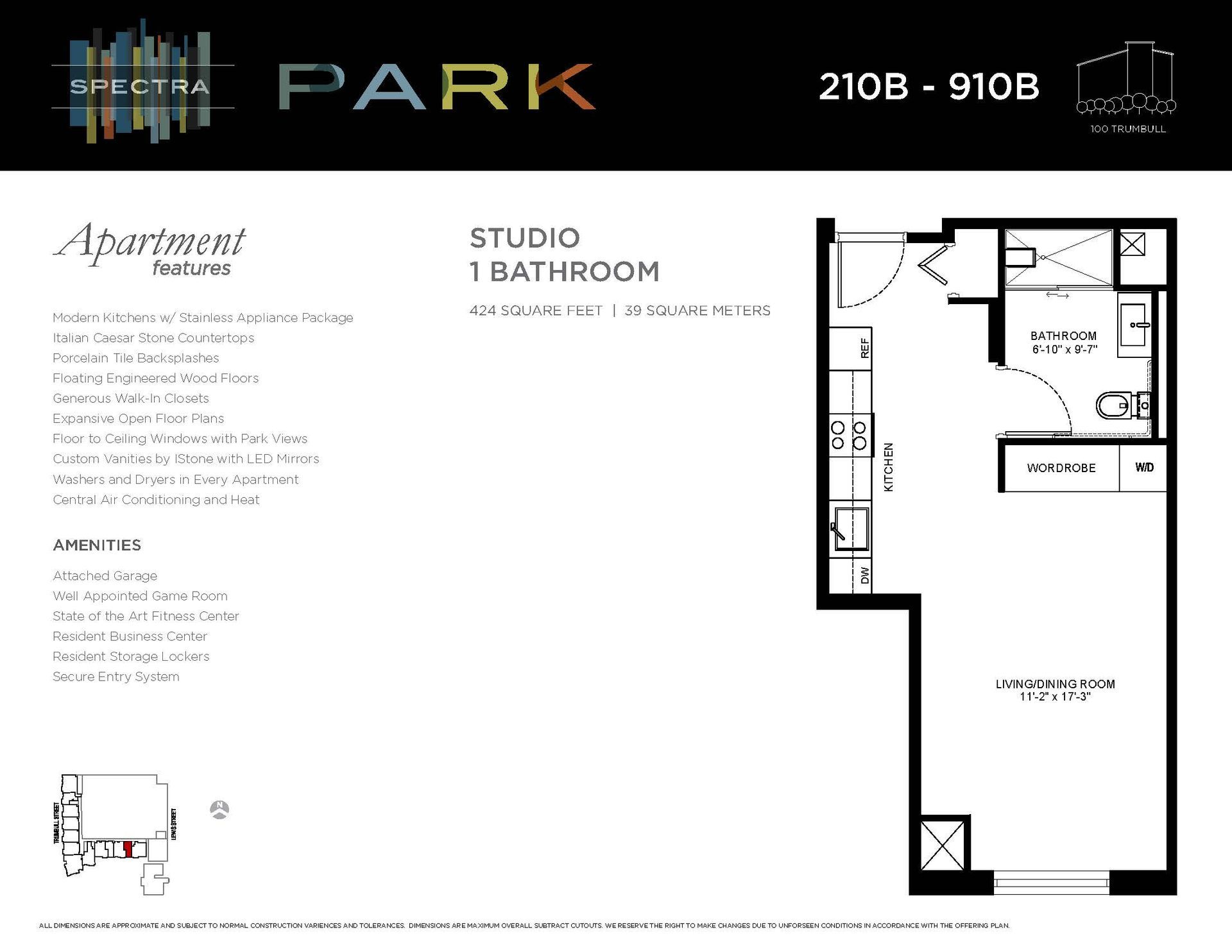 A floor plan of a studio apartment with a bathroom.