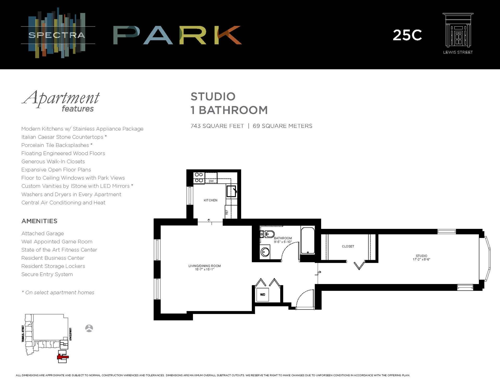 A floor plan of a studio apartment with a bathroom.