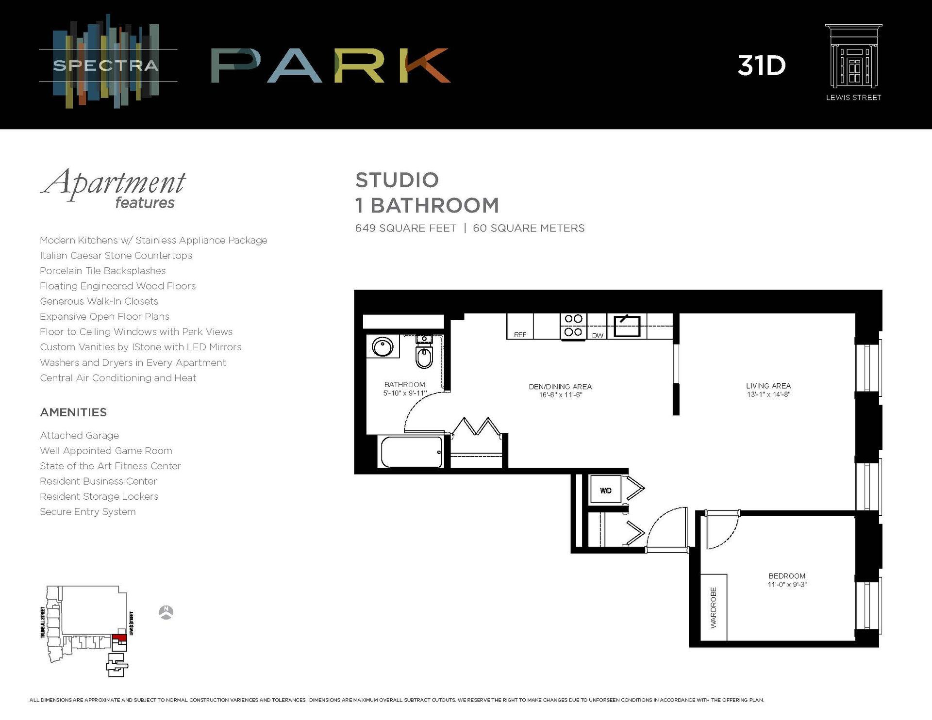 Floor plan of a studio apartment with one bathroom. Features a combined living/sleeping area and kitchen, and a bathroom.