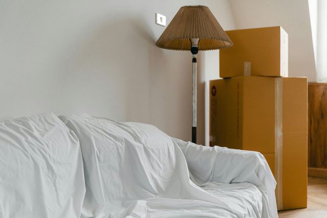White sofa and floor lamp beside stacked cardboard moving boxes in a sparse room