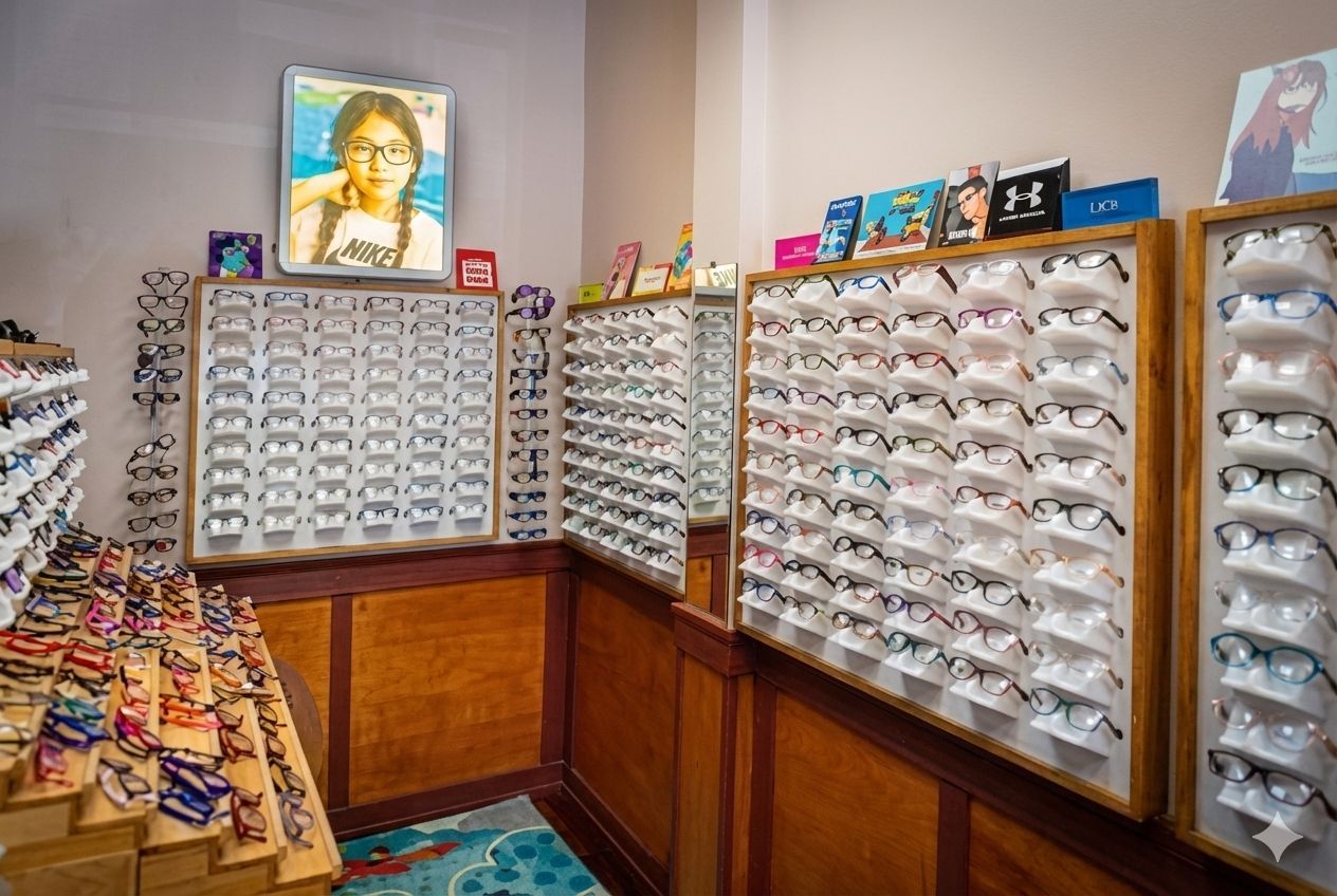 Two smiling children with glasses and colorful shirts pose for a selfie against a yellow background. One makes a peace sign.