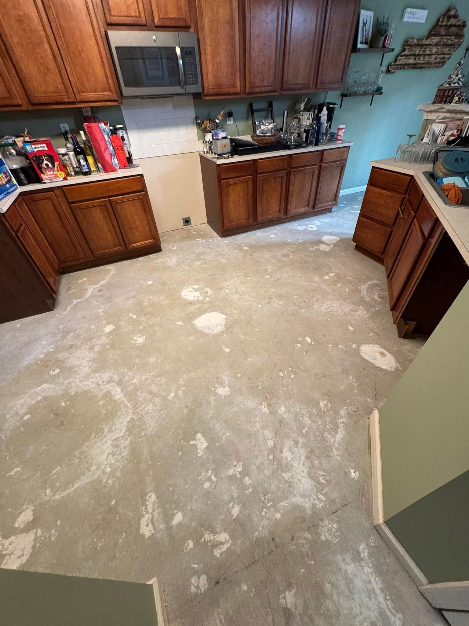 Kitchen with exposed concrete floor, cabinets, microwave, and appliances.