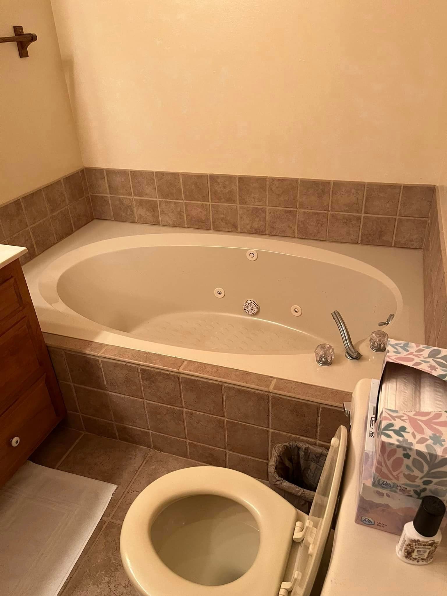 A bathroom with a jacuzzi tub and a toilet.
