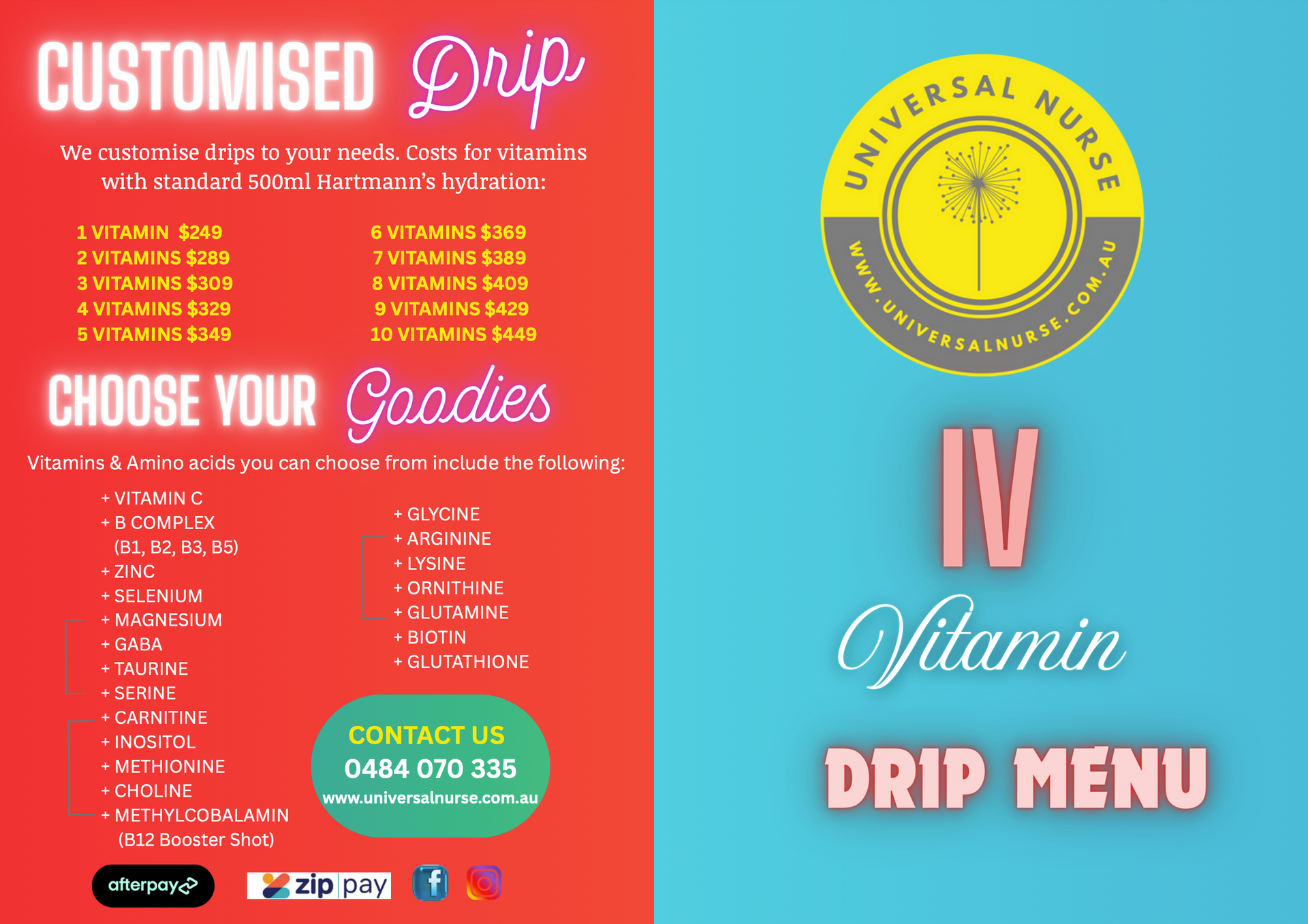 IV Vitamin Drip Menu with price list and add-on options — Universal Nurse in Blackbutt North, QLD