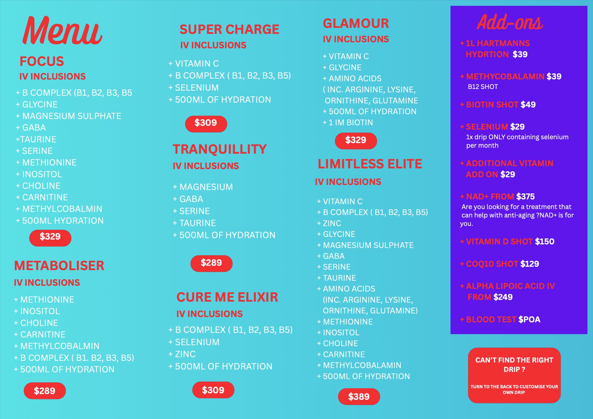 Menu with various juice blends, add-ons, and prices in a colourful layout — Universal Nurse in Blackbutt North, QLD