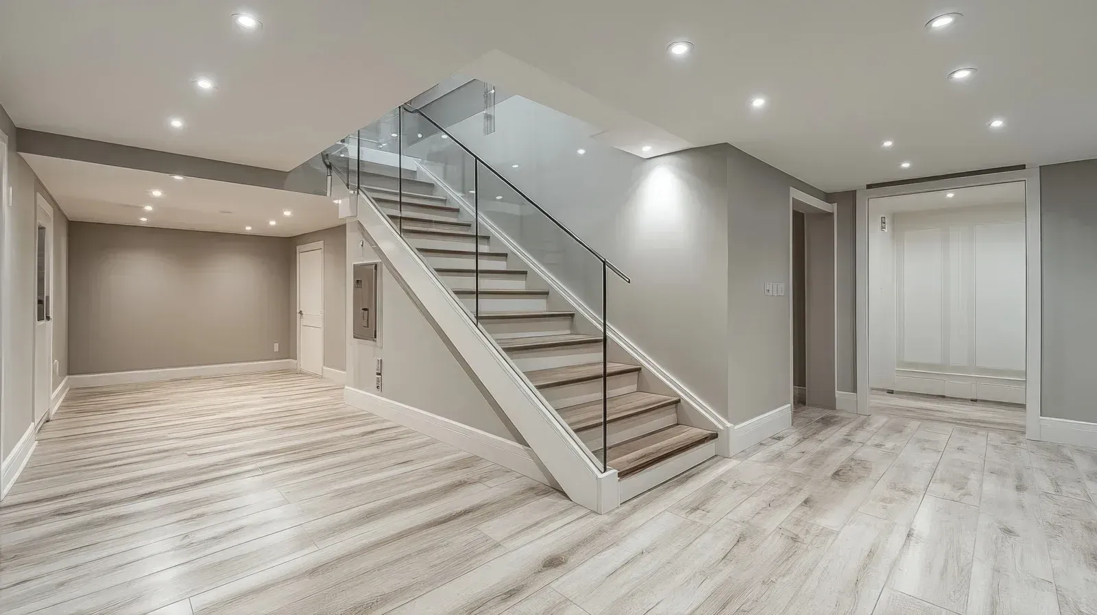 Empty modern basement with white wood floors, recessed lights, and a central staircase.