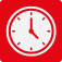 a red and white clock icon on a red background .