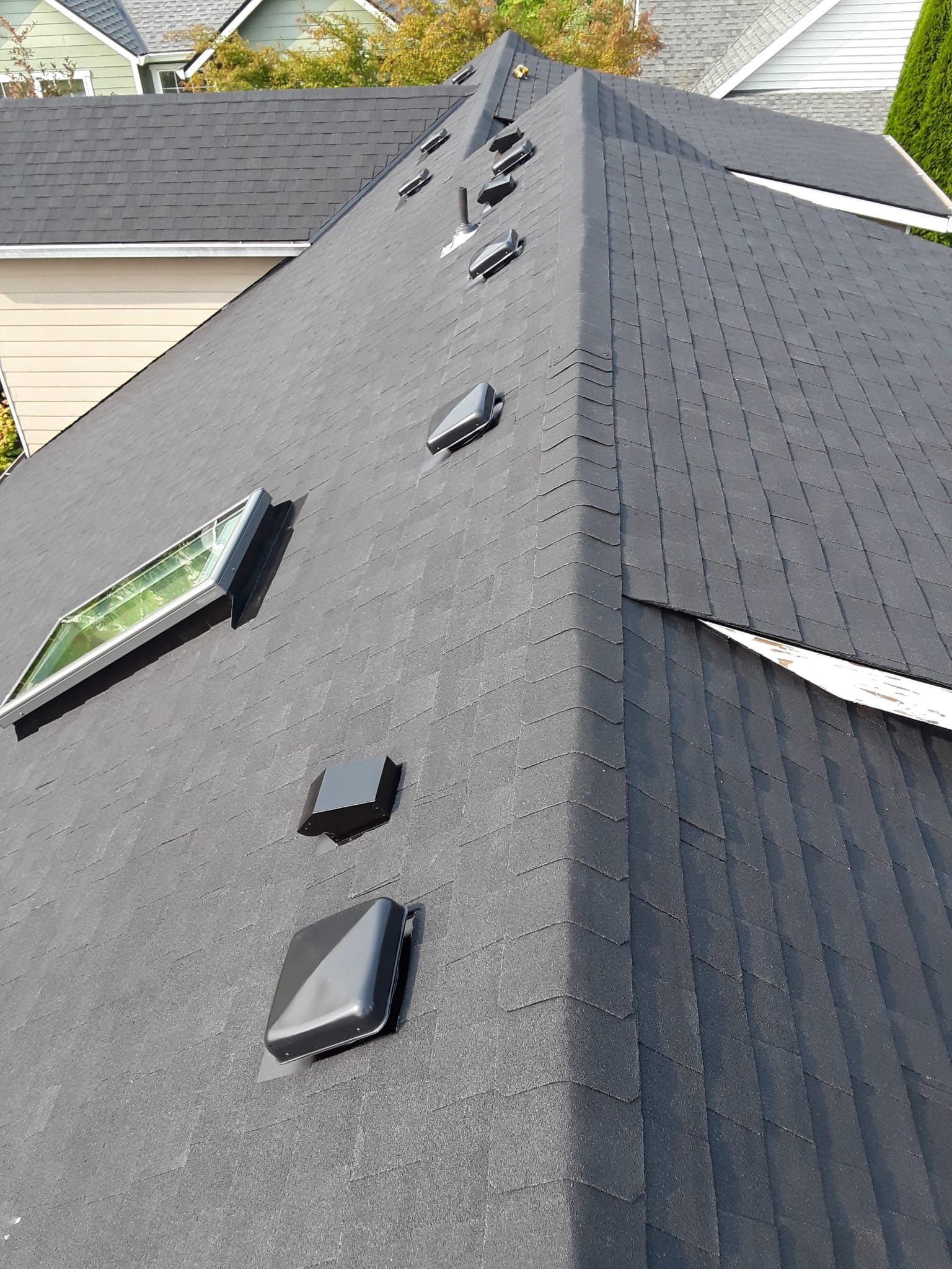 a black roof with a lot of skylights on it .