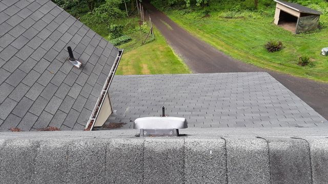 an aerial view of a roof with a chimney on it .