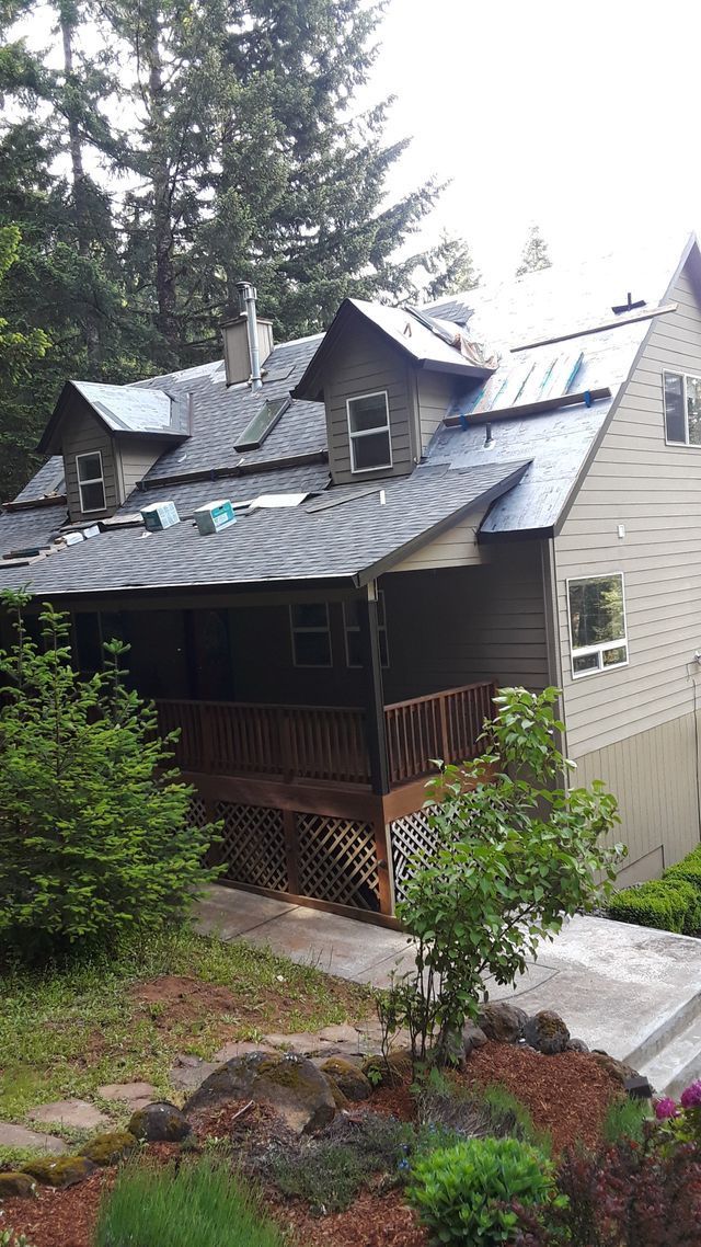 a house with a screened in porch and a metal roof surrounded by trees .