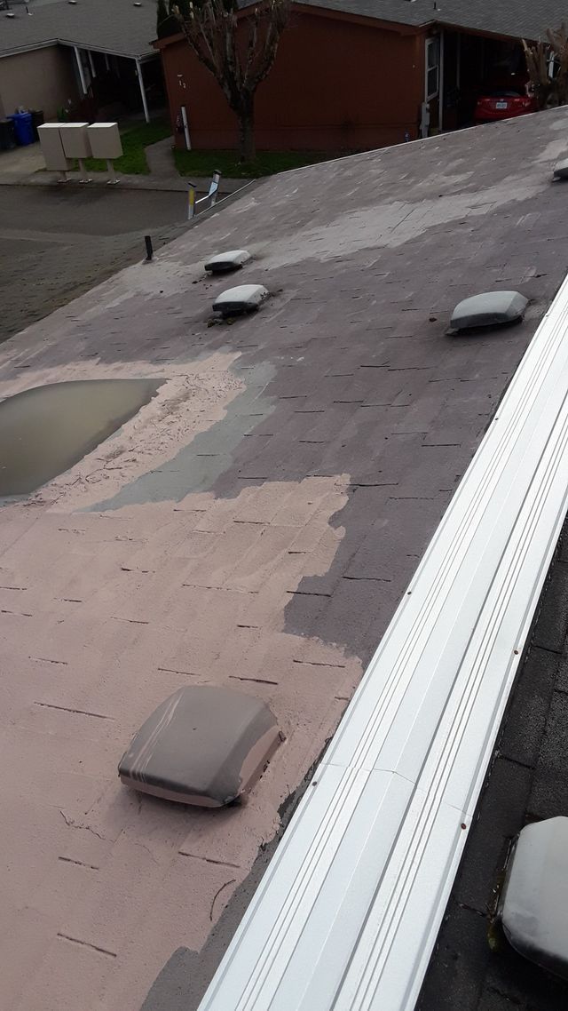 a roof with a lot of shingles on it is being painted .