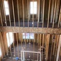 An aerial view of a house under construction.