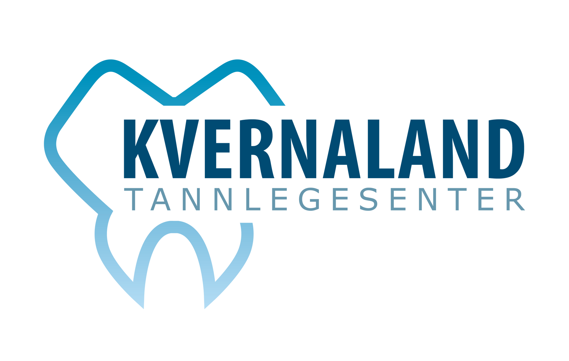 Logo for Kvernaland Tannlegesenter, en tannklinikk. Blå omriss av en tann med klinikknavn.
