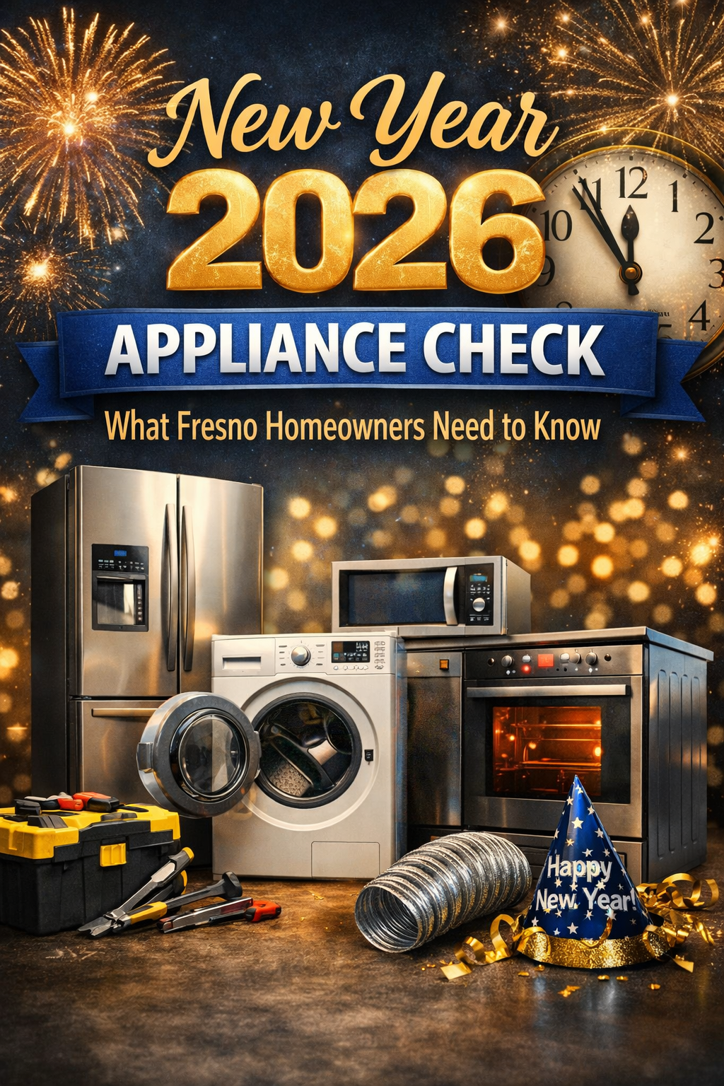 New Year 2026 Appliance Check: Appliances with fireworks, clock, party hat, tools, and text about Fresno homeowners.