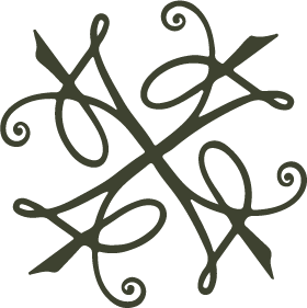 Dark green ornate cross-shaped design with swirling embellishments at each end.