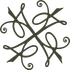 Dark green ornate cross-shaped design with swirling embellishments at each end.