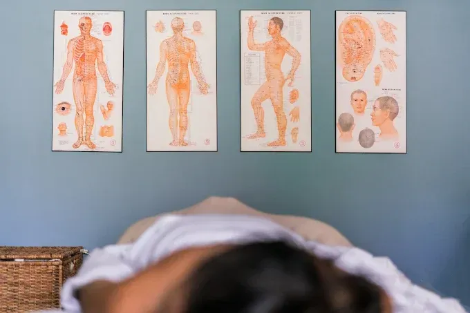 Anatomy charts hang above a massage table with a person lying face down, in a treatment room.