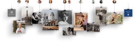 A wall display of hanging photo prints and small framed pictures in a cozy, neutral-toned room