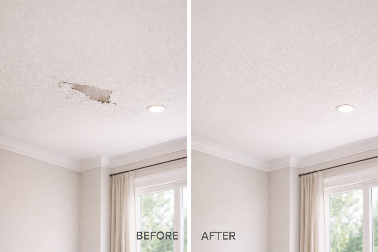 Kitchen with white walls, cabinets, and appliances: stove, refrigerator. Blue-green cabinet and door.
