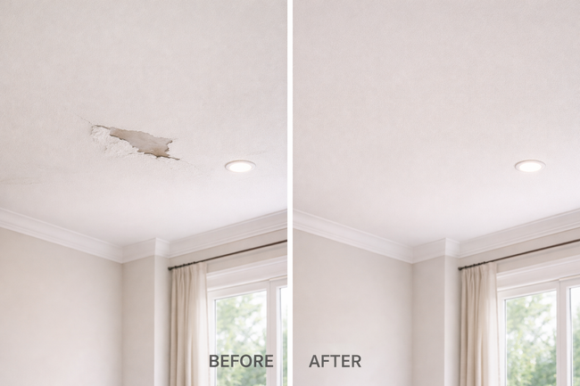 Kitchen with white walls, cabinets, and appliances: stove, refrigerator. Blue-green cabinet and door.