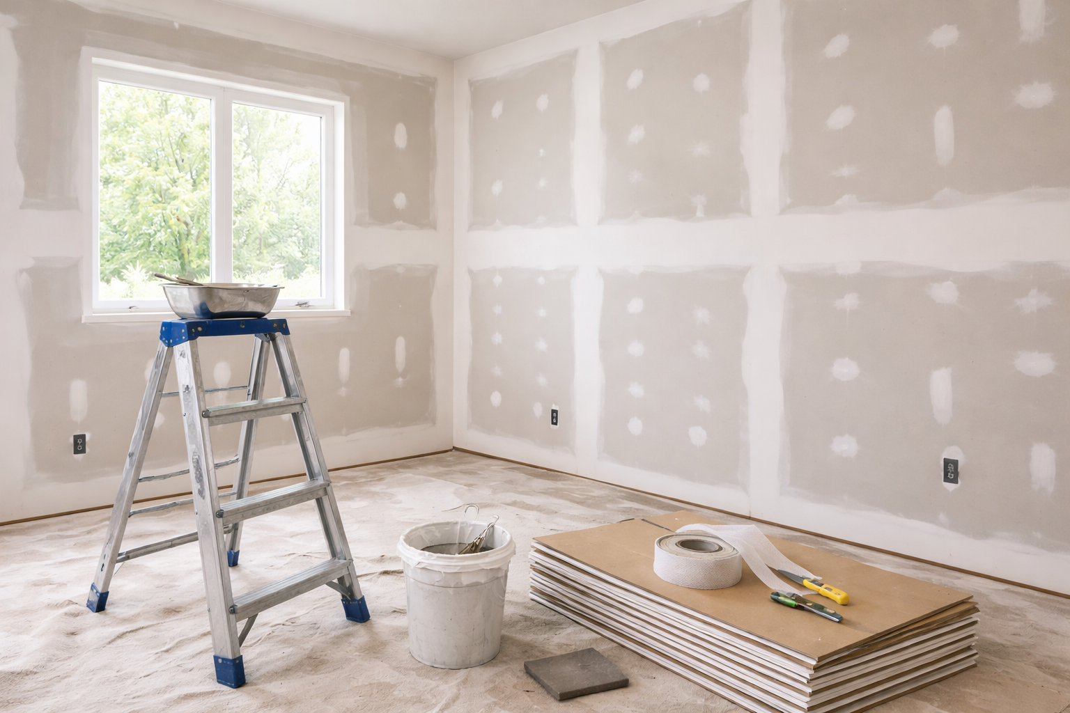 An interior room under renovation with drywall panels, a ladder, and supplies on a drop cloth.