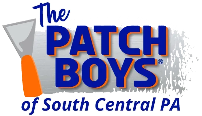 Logo for The Patch Boys of South Central PA: Blue text, orange outline; putty knife; gray and white background.