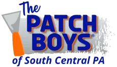 Logo for The Patch Boys of South Central PA: Blue text, orange outline; putty knife; gray and white background.