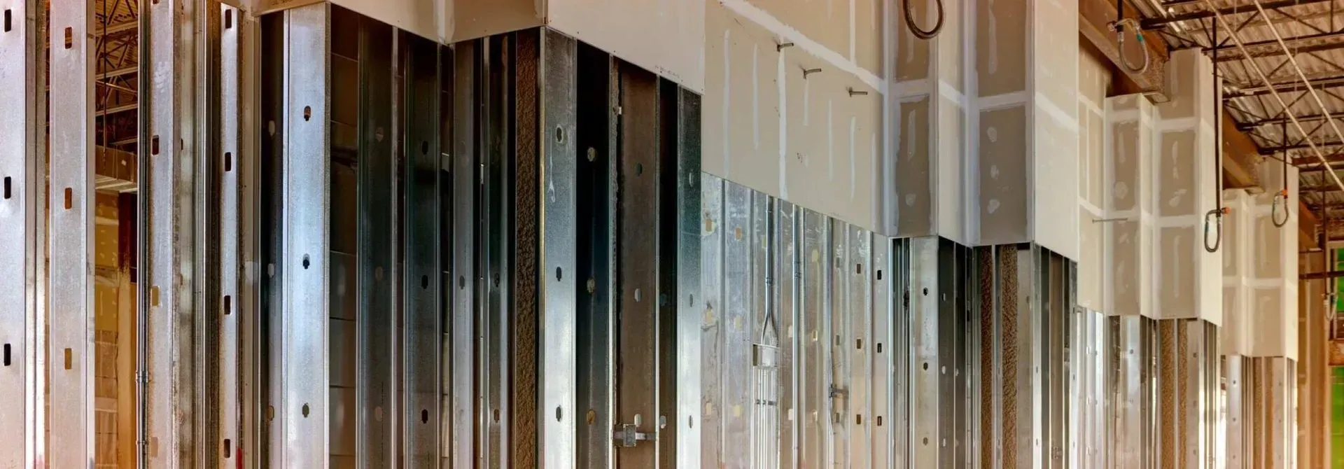 Metal framing and drywall in an unfinished construction setting.