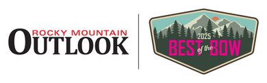 Rocky Mountain Outlook logo beside a Best of Bow badge with mountain graphic