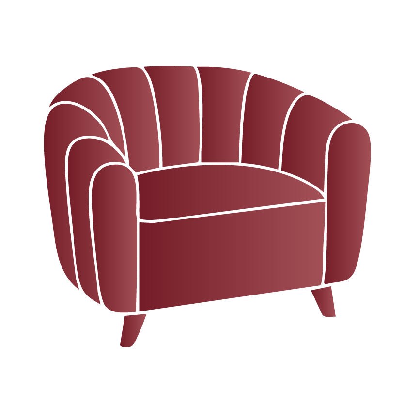 Red armchair with rounded back and legs.