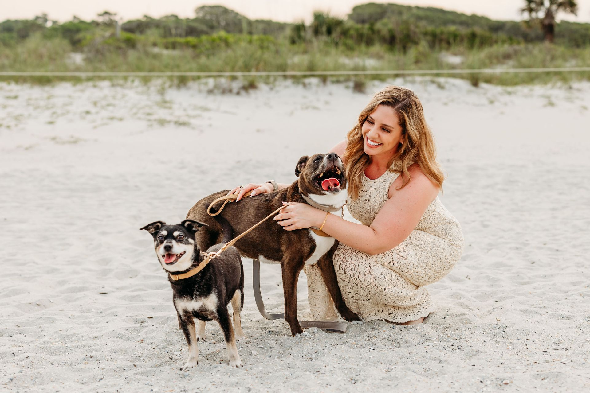 Woman in a dress pets two dogs on a sandy beach at dusk.