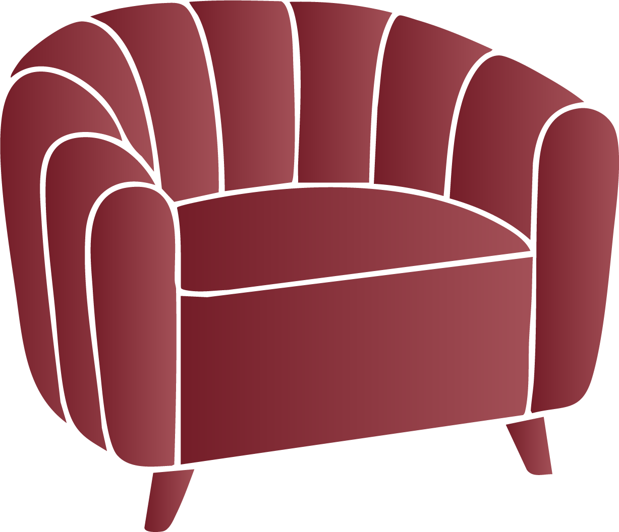 Red, rounded armchair with white trim and short wooden legs.