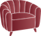 Red, rounded armchair with white trim and short wooden legs.