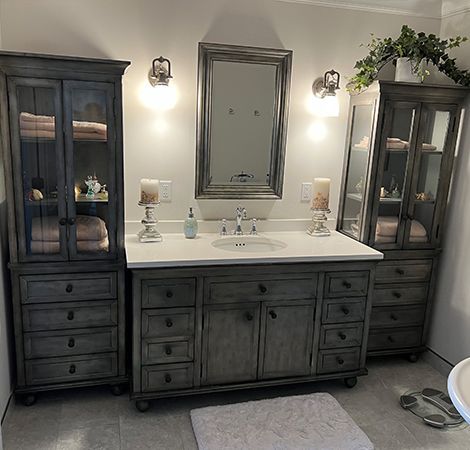 A bathroom with a sink , mirror and cabinets.