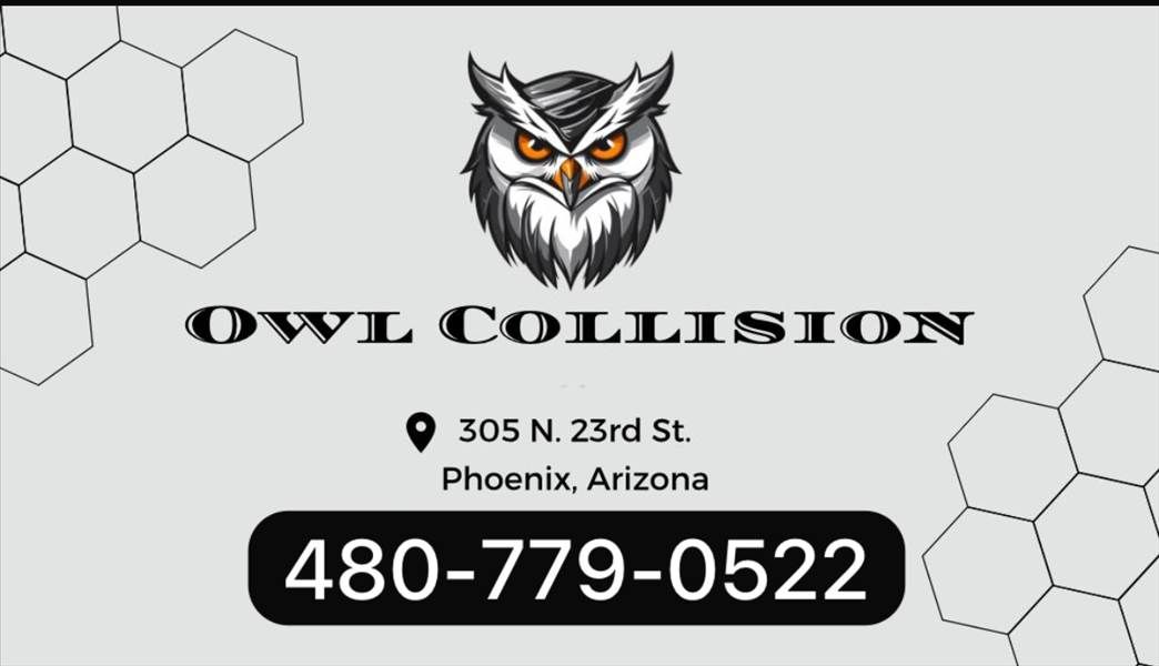 Business card for Owl Collision auto repair shop. Features owl graphic, address, and phone number.