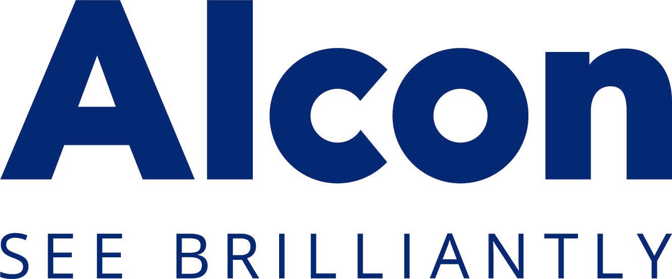 A blue alcon logo on a white background