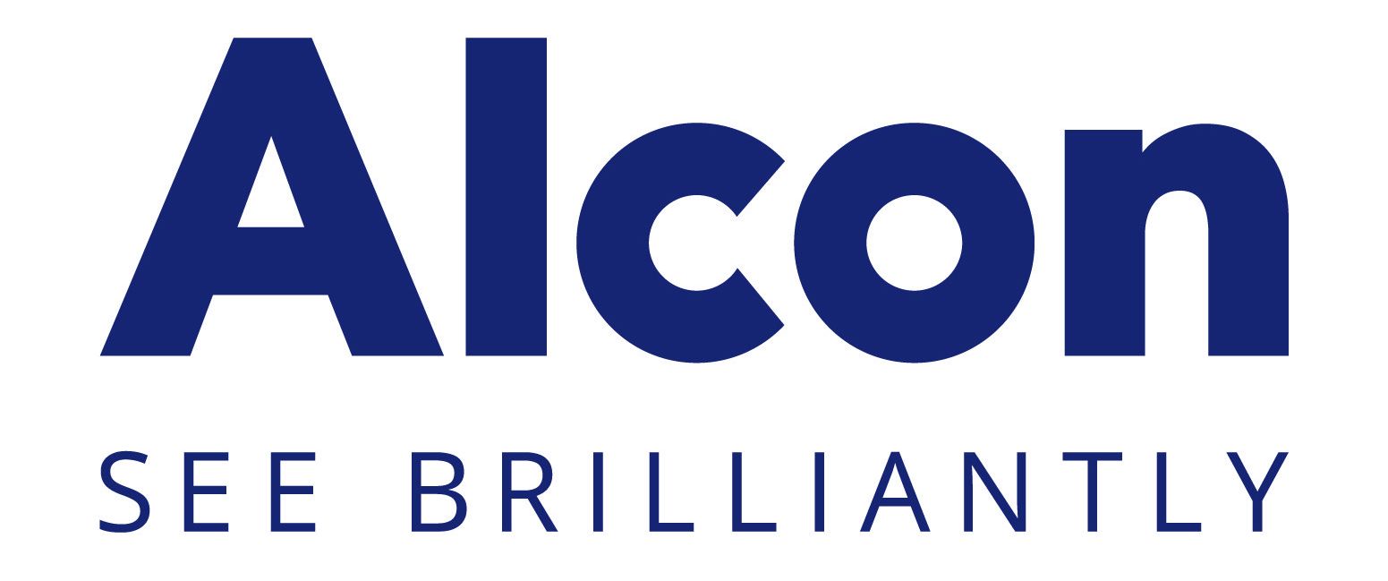 The alcon logo is blue and white and says see brilliantly.