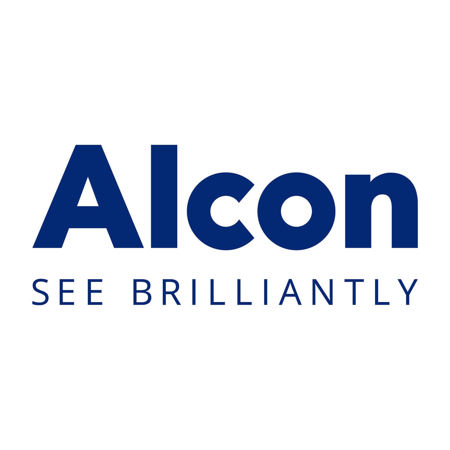 The alcon see brilliantly logo is blue and white on a white background.